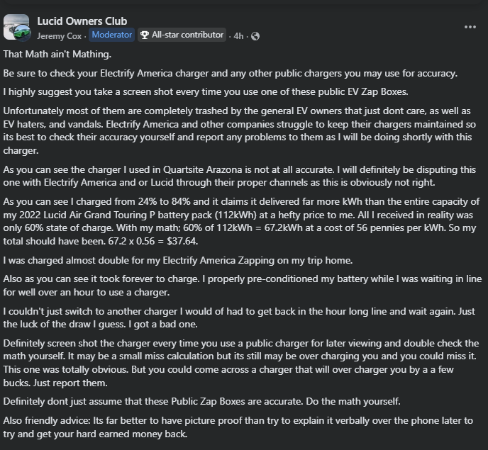 Screenshot of Lucid Owners Club Facebook post describing inaccurate Electrify America charging data, overbilling concerns, and charging issues with a 2022 Lucid Air Grand Touring in Quartzsite, Arizona.