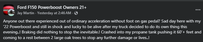Facebook post discussing a 2022 Ford F-150 PowerBoost experiencing unintended acceleration and a crash involving a propane tank, shared in a truck owners group.