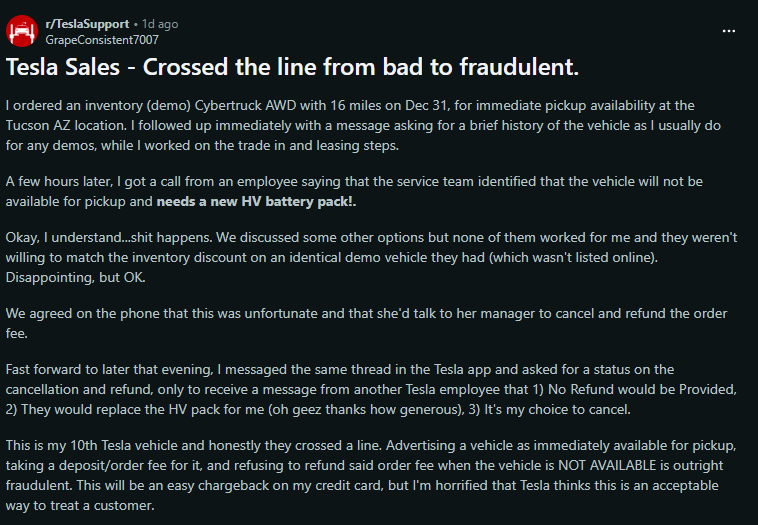 Reddit post describing a Tesla Cybertruck demo purchase dispute involving cancellation, refund denial, and battery replacement issues at a Tesla service center.