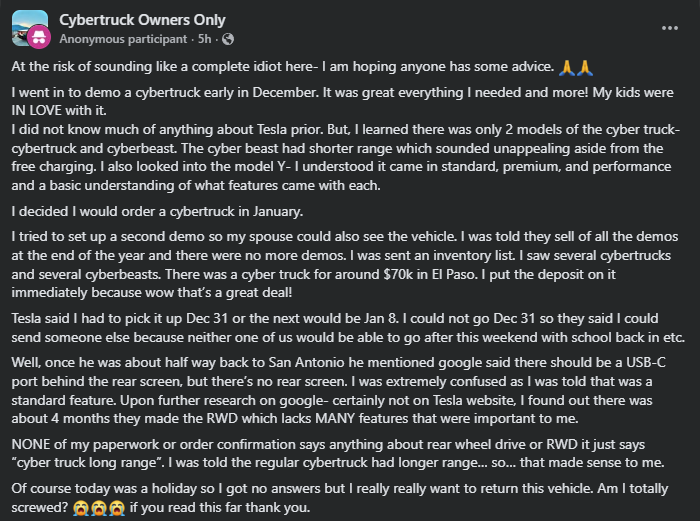 Facebook group post from a Cybertruck buyer asking for advice after discovering differences between Cybertruck models, including rear-wheel drive limitations and missing features.”