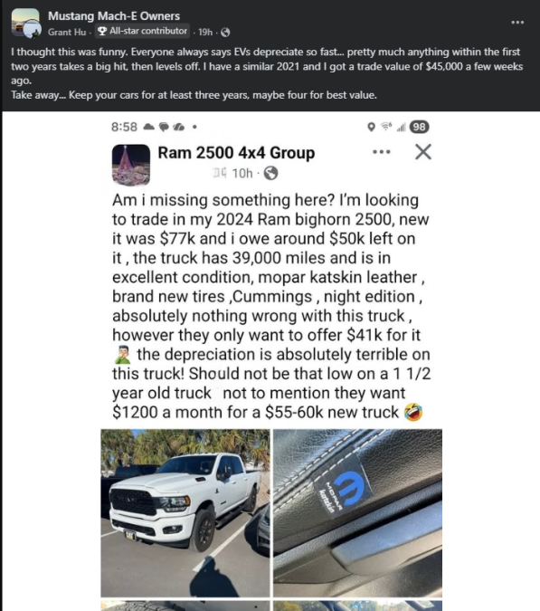 Social media post showing a Ram 2500 truck with discussion about depreciation, trade-in value, monthly payments, and resale concerns for newer pickup trucks.