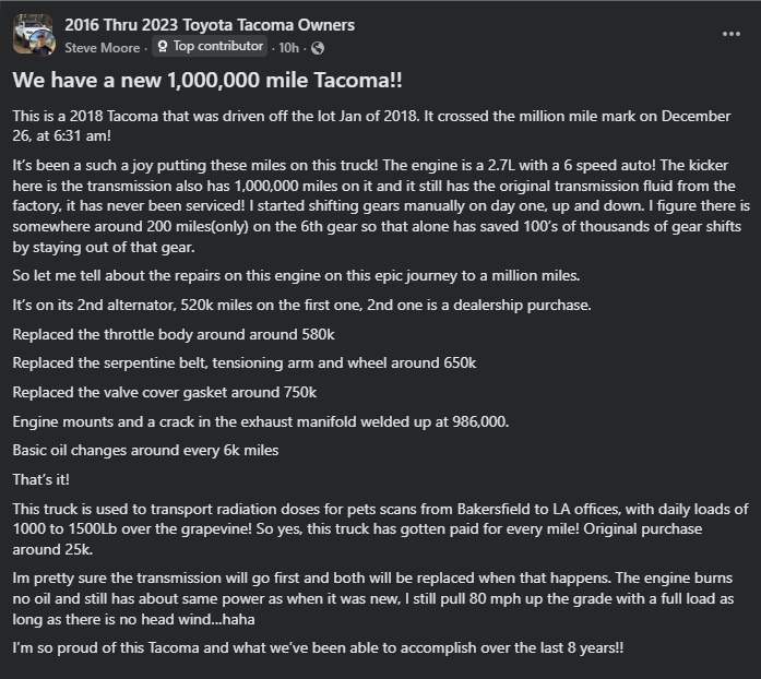 Facebook post celebrating a 2018 Toyota Tacoma reaching one million miles, detailing maintenance history, repairs, and long-term reliability of the pickup truck.