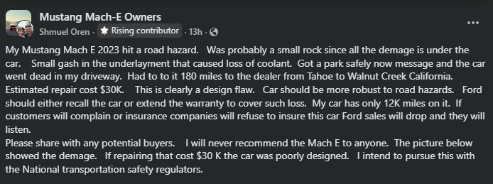 Screenshot of a Facebook post from a Mustang Mach-E owner describing underbody damage from a road hazard and criticizing repair costs and vehicle durability.