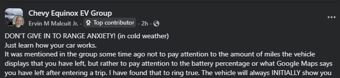 Screenshot of Chevy Equinox EV owner group discussion about reducing range anxiety in cold weather and focusing on battery percentage instead of estimated miles.