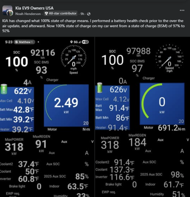 Screenshot from Kia EV9 Owners USA group showing discussion of software update changing 100% state of charge, alongside EV battery diagnostic screen comparisons.