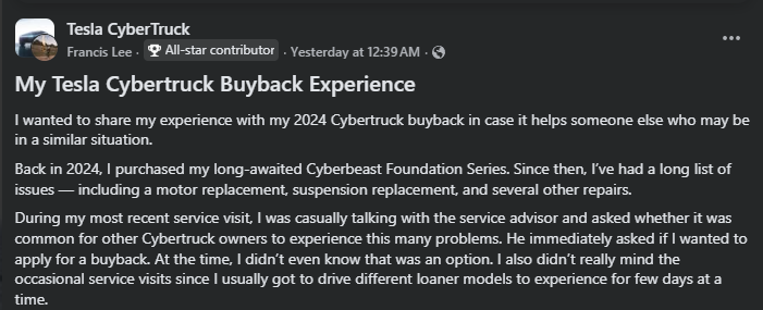Screenshot of a Tesla Cybertruck owner sharing a 2024 Cybertruck buyback experience after repeated service repairs including motor and suspension issues.