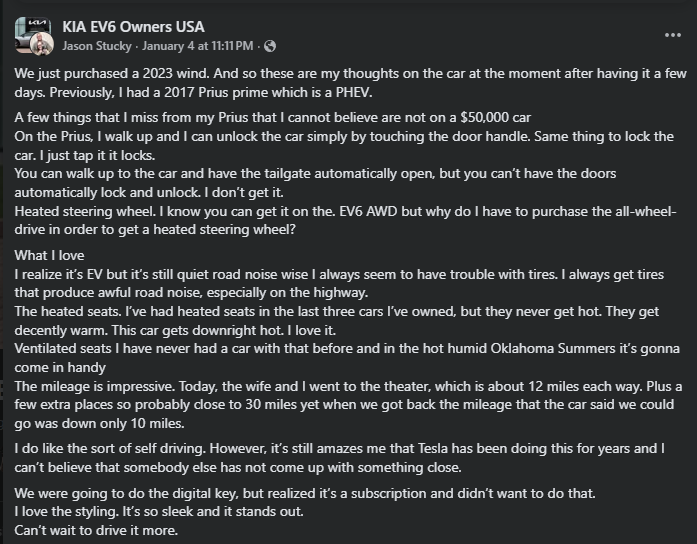 Screenshot of a Kia EV6 Owners USA Facebook post reviewing a 2023 Kia EV6, discussing features, driving experience, and ownership impressions.