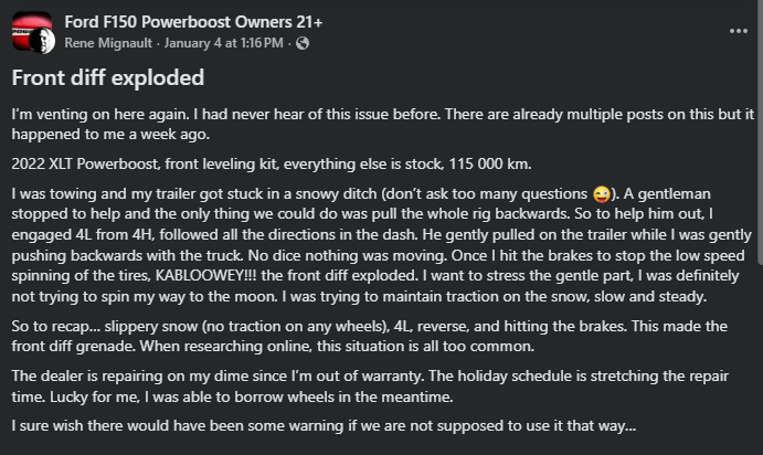 Screenshot of a Ford F-150 PowerBoost Owners Facebook group post describing a front differential failure during towing in snowy conditions.