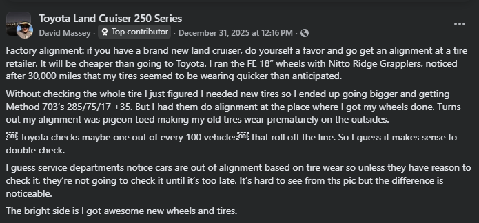 Facebook post discussing tire alignment issues and premature tire wear on a Toyota Land Cruiser 250 Series.