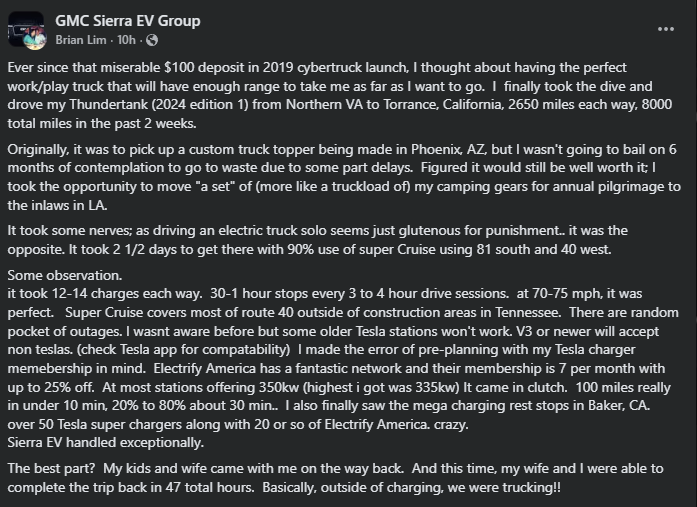 Screenshot of a GMC Sierra EV owner sharing a long-distance electric truck road trip experience, discussing charging, towing, and Super Cruise usage