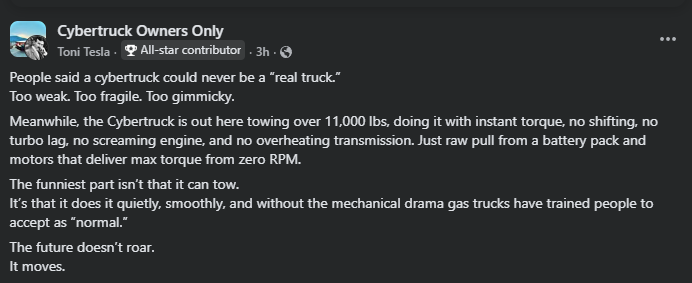 Screenshot of a Tesla Cybertruck owners group post discussing electric truck towing performance, torque, and real-world hauling capability
