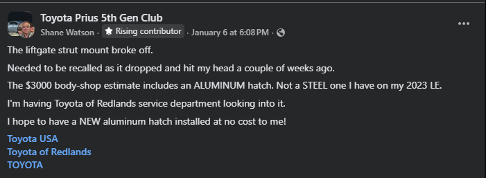 A Facebook post from the "Toyota Prius 5th Gen Club" group discussing a broken liftgate strut mount on a 2023 Prius LE.
