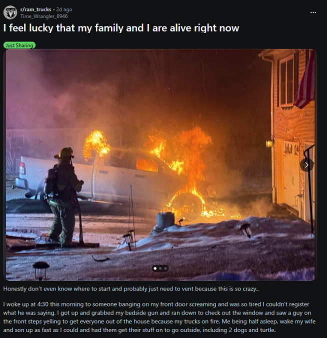 A Reddit post from r/ram_trucks showing a Ram truck on fire and expressing relief that the family is safe.