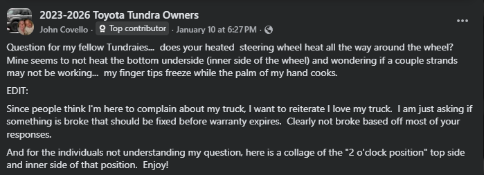 Screenshot of a Facebook post in the “2023–2026 Toyota Tundra Owners” group discussing whether the Toyota Tundra heated steering wheel warms evenly around the entire wheel, with the owner noting lack of heat on the inner bottom section.