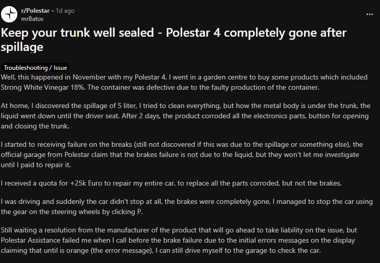 Reddit post describing Polestar 4 trunk liquid spill causing electrical corrosion and brake failure issues