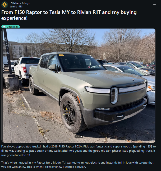 Reddit post in r/Rivian community by denisb1988 titled "From F150 Raptor to Tesla MY to Rivian R1T and my buying experience" featuring a photo of a silver Rivian R1T electric pickup truck parked in a dealership lot, with user discussing their vehicle purchase journey and transition from gas trucks to electric vehicles.