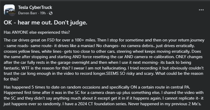 Facebook post from Tesla CyberTruck community by Darren Barr discussing erratic driving behavior and camera issues with a 2024 Tesla Cybertruck, with user reporting steering and acceleration problems on specific routes in central Pennsylvania.