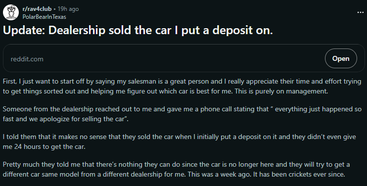 Reddit post from r/rav4club by PolarBearInTexas with title "Update: Dealership sold the car I put a deposit on" discussing a dealership sales dispute where a customer's reserved vehicle was sold to another buyer without notification.