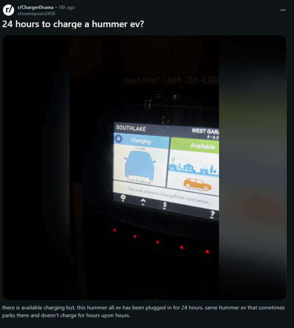 Reddit post from r/ChargerDrama by chosenspoon2456 titled "24 hours to charge a hummer ev?" showing a ChargePoint electric vehicle charging station display screen indicating Southlake charging location with 24-hour charging time for a GMC Hummer EV, with user discussing prolonged charging issues and vehicle availability at charging stations.
