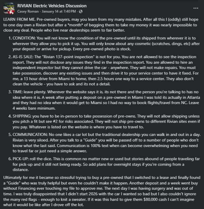 Screenshot of a Facebook post in a Rivian Electric Vehicles discussion group describing a buyer’s negative experience purchasing a pre-owned Rivian, detailing issues with vehicle condition disclosure, as-is sale terms, inspection limits, shipping restrictions, communication problems, and stressful pickup logistics.