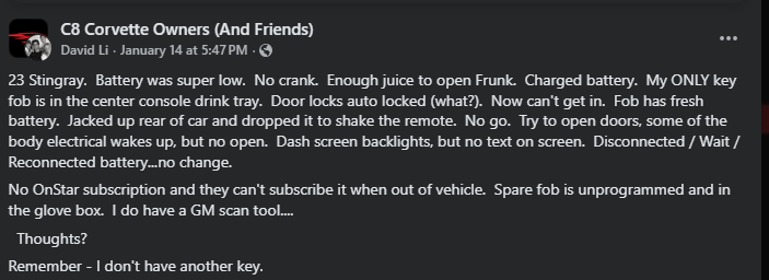 Screenshot of a Facebook post discussing 2023 Chevrolet Corvette Stingray battery and key fob electrical issues