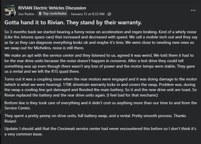 Screenshot of a Rivian electric vehicles discussion post praising warranty coverage and drivetrain repair experience