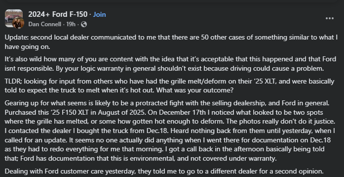Facebook post in the ‘2024+ Ford F-150’ group describing a 2025 Ford F-150 XLT grille melting or deforming, with the owner stating Ford denied warranty coverage and claimed the damage was environmental.