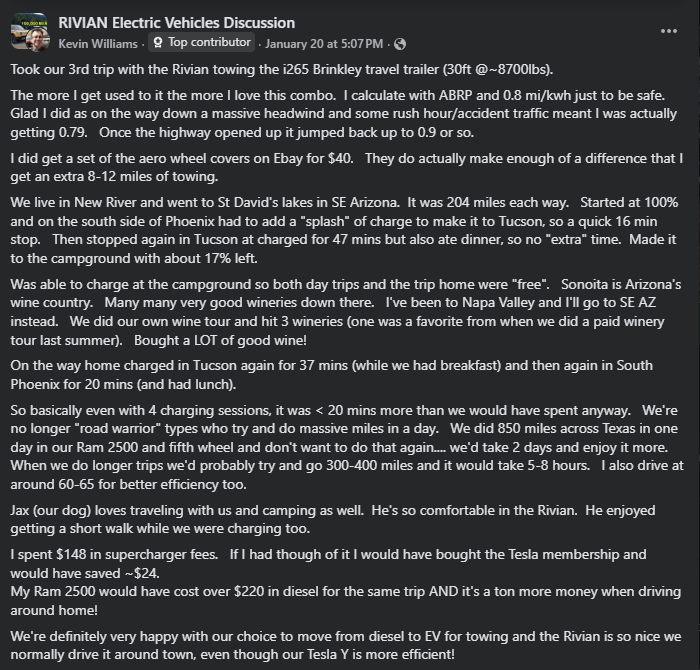 Facebook post in a Rivian Electric Vehicles discussion group describing a long-distance road trip towing a 30-foot Brinkley travel trailer with a Rivian EV, including charging stops, efficiency data, towing range, Arizona travel details, EV charging costs, and comparison to diesel and Tesla vehicles.