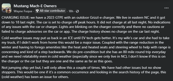 Facebook post from a Mustang Mach-E Owners group discussing a 2023 Mustang Mach-E GT Performance charging failure during cold weather in North Carolina, detailing overnight home charging issues, winter range reduction, EV reliability concerns, and cold-climate performance.