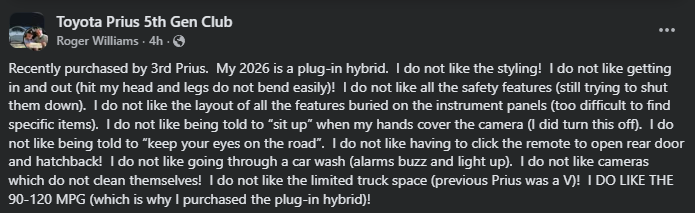 Facebook post from a Toyota Prius 5th Gen Club group sharing a new owner’s pros and cons of a 2026 Toyota Prius plug-in hybrid, criticizing interior design, controls, cameras, and safety features while praising 90–120 MPG fuel efficiency.