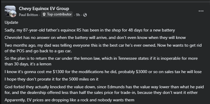 Screenshot of a Facebook post in the Chevy Equinox EV Group discussing an extended battery repair delay for a Chevrolet Equinox EV. The post describes an 87-year-old owner facing a 48-day wait for a replacement battery, lemon law concerns in Tennessee, financial losses, and frustration with EV depreciation and dealership trade-in values.