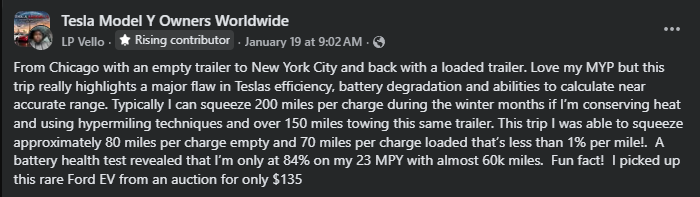 Screenshot of Facebook post from Tesla Model Y Owners Worldwide discussing towing range and battery efficiency