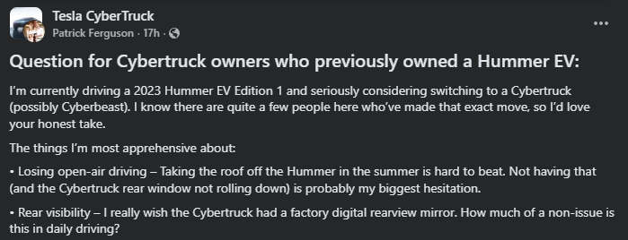 Screenshot of Facebook post asking Cybertruck owners about switching from Hummer EV