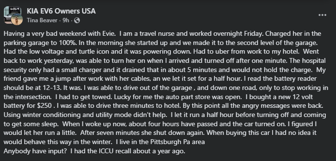 Screenshot of Kia EV6 Owners USA Facebook post describing 12V battery and charging issue