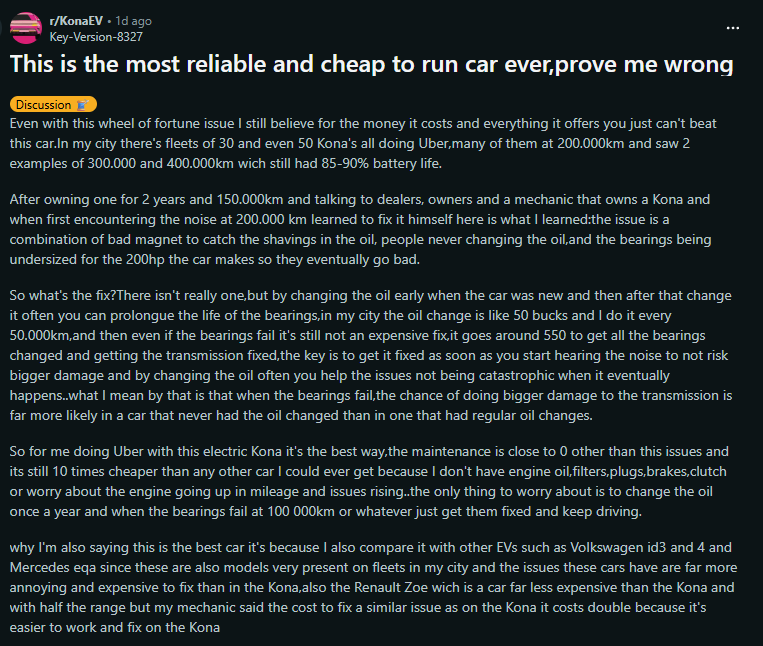 Screenshot of a Reddit discussion post claiming the Hyundai Kona Electric is the most reliable and cheapest EV to run, mentioning high mileage battery health and maintenance tips.