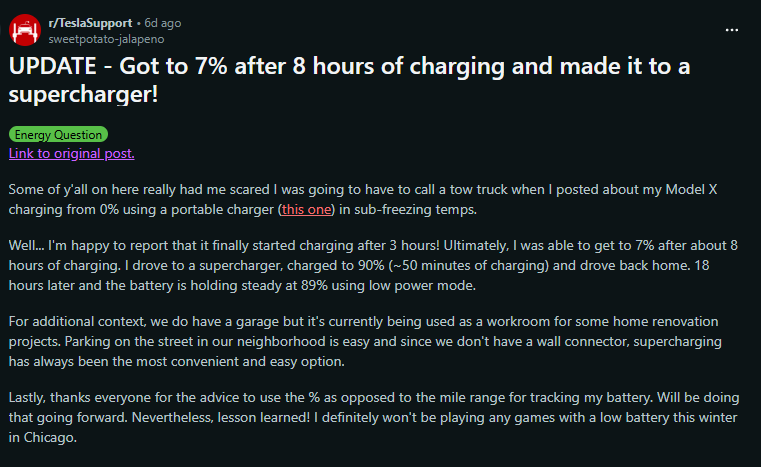 Screenshot of a Reddit Tesla Support post describing a Model X charging issue in cold weather and an update about reaching 7% charge after 8 hours and driving to a Supercharger.