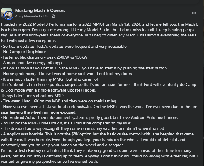 Screenshot of a Mustang Mach-E Owners Facebook post comparing ownership experience versus a Tesla Model 3 Performance.