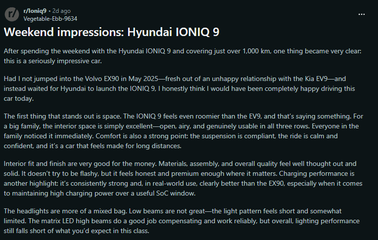 Screenshot of a Reddit post titled “Weekend impressions: Hyundai IONIQ 9” describing driving experience and interior space.