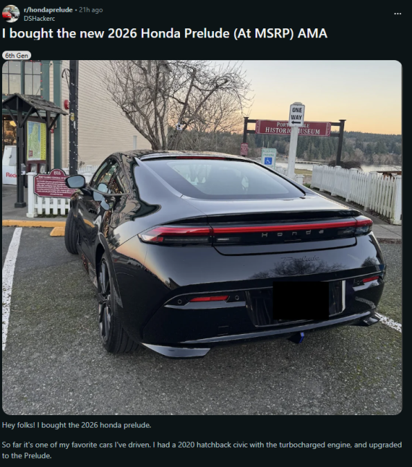 Reddit post screenshot showing a black 2026 Honda Prelude with the title “I bought the new 2026 Honda Prelude (At MSRP) AMA”
