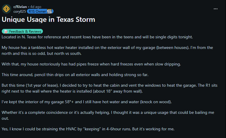 Reddit post screenshot titled “Unique Usage in Texas Storm” describing Rivian R1S cold weather use