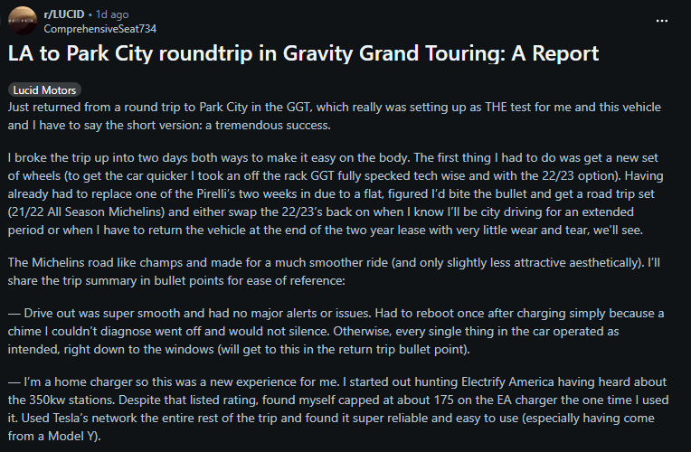 Screenshot of a Reddit post in r/LUCID titled “LA to Park City roundtrip in Gravity Grand Touring: A Report,” summarizing a successful road trip and charging experience.