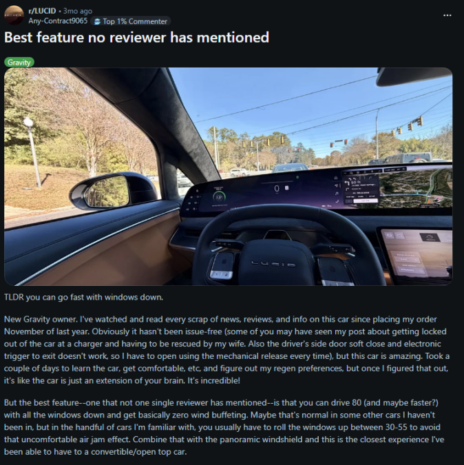 Reddit post showing Lucid Gravity interior dashboard view while driving in traffic