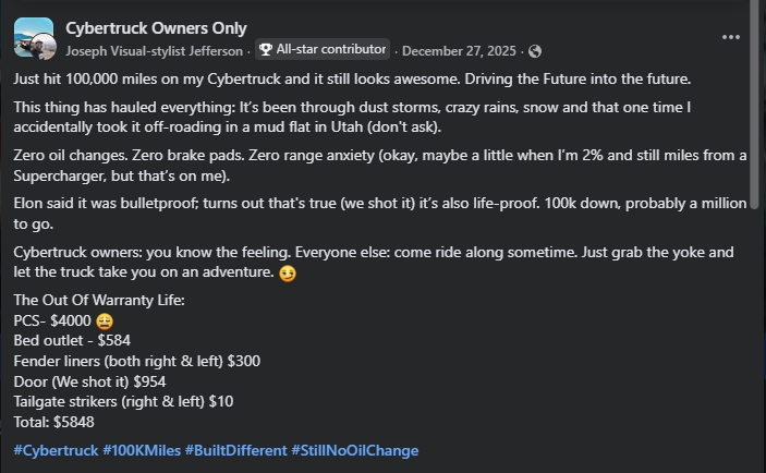 Cybertruck Owners Only Facebook post celebrating 100,000 miles with ownership update and repairs list
