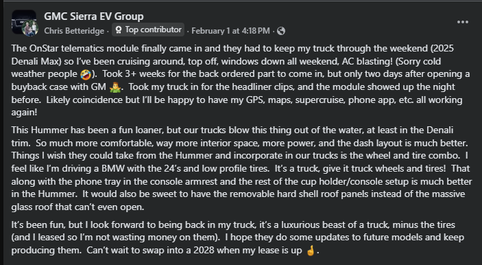 Facebook post in GMC Sierra EV Group where a GMC Sierra EV Denali Max owner describes OnStar telematics module installation delays, A/C issues, and compares the loaner Hummer EV to the Sierra EV, praising comfort, interior space, power, and dash layout.