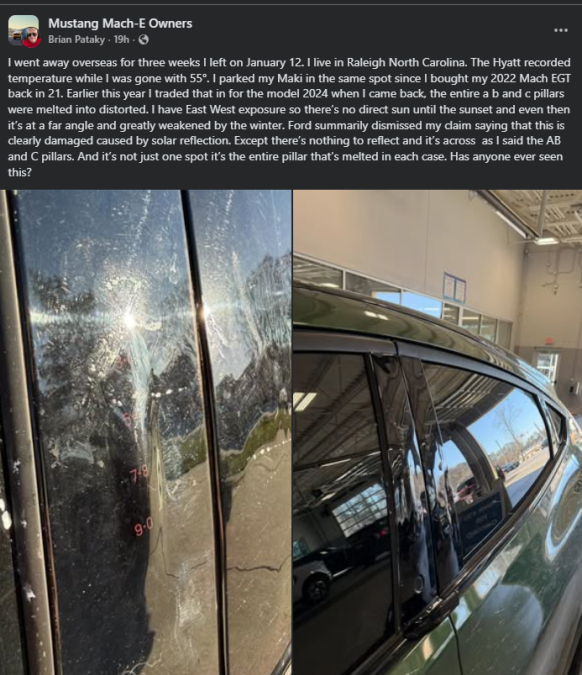 Screenshot of Mustang Mach-E Owners Facebook post showing photos of damaged window pillar trim and melted exterior plastic.