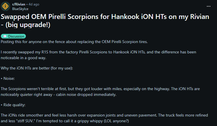 Screenshot of a Reddit discussion comparing OEM Pirelli Scorpion tires to Hankook iON HT tires on a Rivian R1S