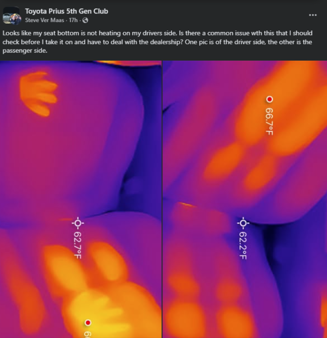 Thermal camera comparison showing driver and passenger seat heater performance in a 5th-generation Toyota Prius, with the driver seat bottom appearing cooler than the passenger side.