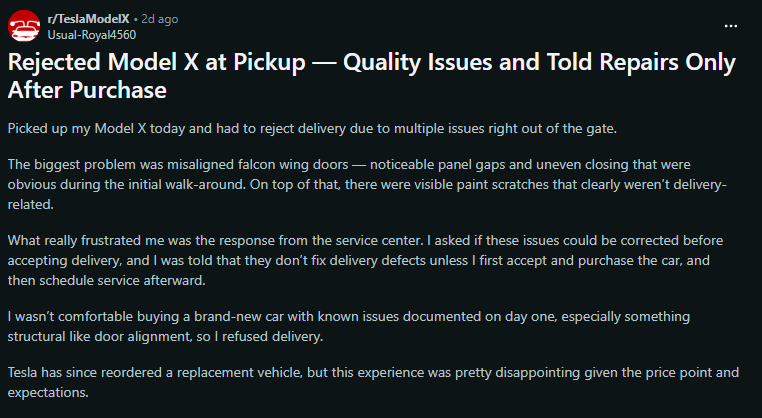 Reddit post describing rejection of a new Tesla Model X at delivery due to misaligned falcon wing doors, visible panel gaps, paint scratches, and service center refusal to fix issues before purchase.