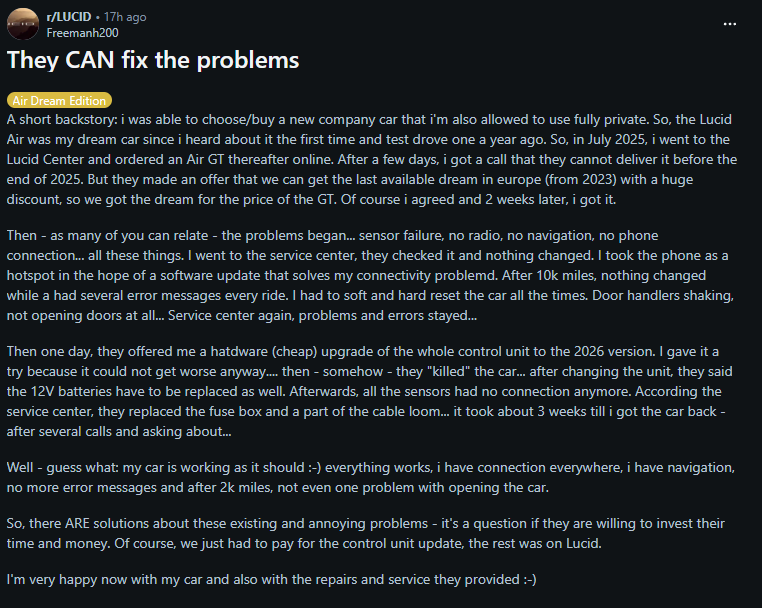 Screenshot of a Reddit post from r/LUCID titled “They CAN fix the problems,” where a Lucid Air owner explains how service upgrades and repairs resolved multiple software and hardware issues.