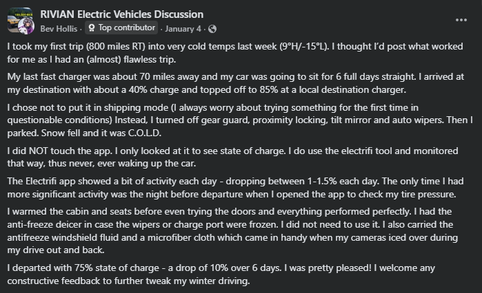 Screenshot of a Rivian electric vehicle discussion post detailing winter road-trip performance and cold-weather battery behavior.